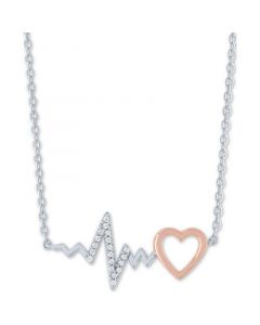 Diamond Accent Heartbeat 18" Pendant Necklace in Sterling Silver & 14k Rose Gold-Plate