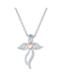 Diamond Accent Angel 18" Pendant Necklace in Sterling Silver & 14k Rose Gold-Plate