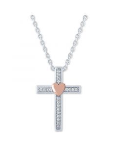 Diamond Accent Heart Cross 18" Pendant Necklace in Sterling Silver & 14k Rose Gold-Plate