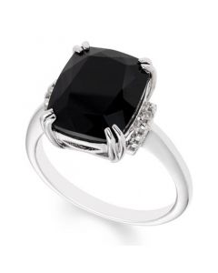 Black Onyx (12 mm x 10 mm) Diamond Accent Ring in Sterling Silver