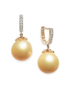 Cultured Golden South Sea Pearl (10mm) & Diamond (1/10 ct. t.w.) Dangle Drop Earrings in 14k Gold