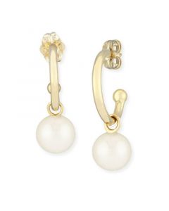 Pearl (6 mm) Drop Hoop Earrings Set in 14k Yellow Gold