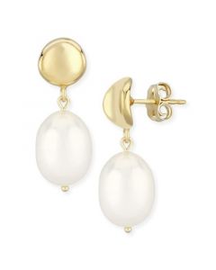 Dapped Disk Pearl(10 x 8mm)  Drop Earrings Set in 14k Yellow Gold