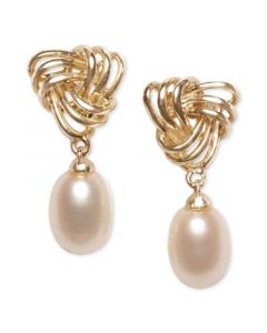 Cultured Freshwater Pearl (7 x 9mm) Love Knot Drop Earrings in 18k Gold-Plated Sterling Silver