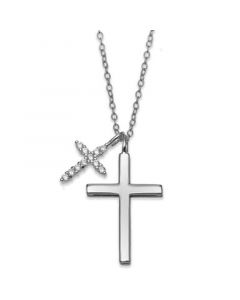 Cubic Zirconia Double Cross 18" Pendant Necklace in Sterling Silver