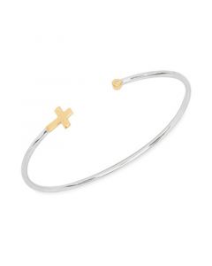 Children's Diamond Accent Cross Open Bangle Bracelet in Sterling Silver and 14K Gold over Sterling Silver