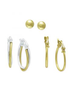 3-Pc. Set Small Hoop and Ball Stud Earrings in Sterling Silver & 18k Gold-Plate, Created for Macy's