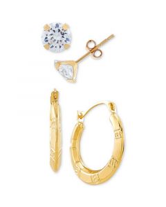 2-Pc. Set Cubic Zirconia Stud Earrings & Small Puff Hoop Earrings in 10k Gold