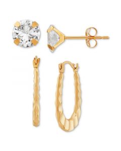 2-Pc. Set Cubic Zirconia Stud & Ruffle Oval Hoop Earrings in 10k Gold