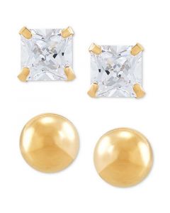 2-Pc. Set Cubic Zirconia Princess and Polished Round Stud Earrings in 10k Gold