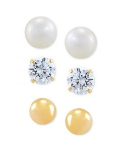 3-Pc. Set Cutured Freshwater Pearl (3-3/4mm), Cubic Zirconia & Polished Round Stud Earrings in 10k Gold