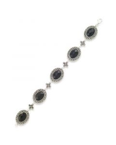 Marcasite and Faceted Onyx Oval 7.25" Link Bracelet in Sterling Silver