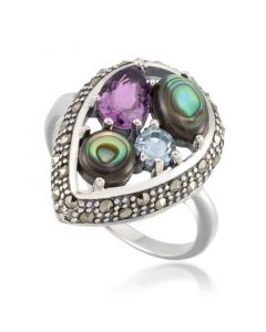 Marcasite and Amethyst (1-1/4 ct. tw.), Abalone (9/10 ct. t.w.) and Blue topaz (1/4 ct. t.w.) Teardrop Ring in Sterling Silver