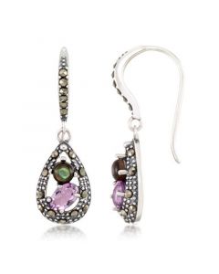 Marcasite, Amethyst ( 9/10 ct. t.w.) and Abalone (1-9/10 ct. t.w.)  Teardrop Wire  Earrings in Sterling Silver