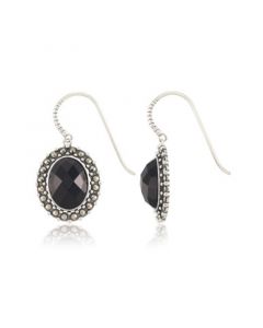 Marcasite and Faceted Onyx Oval Wire Earrings in Sterling Silver