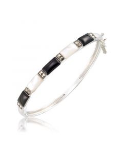 Marcasite and Onyx and Mother Of Pearl Bangle in Sterling Silver