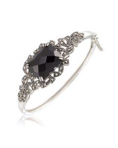 Marcasite and Faceted Onyx Square Bangle in Sterling Silver