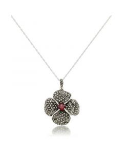 Marcasite and Garnet (9/10 ct.t .w.)  Pave Flower Pendant+18" Chain in Sterling Silver