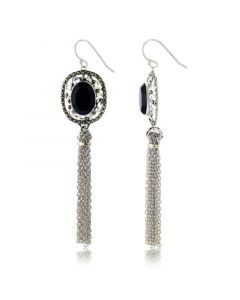 Marcasitre Faceted Onyx Tassel Wire Earrings in Sterling Silver