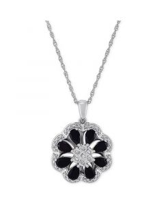 Onyx & Diamond (1/20 ct. t.w.) Floral Disc 18" Pendant Necklace in Sterling Silver