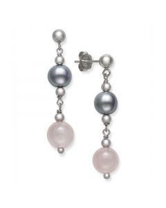 Gray Cultured Freshwater Pearl 7.5-8.5mm and Rose Quartz 8mm Drop Earrings in Sterling Silver