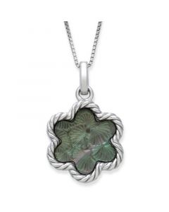 Engraved Black Mother of Pearl 13mm Flower Pendant with 18" Chain in Sterling Silver