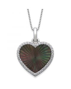 Black Mother of Pearl 14x13mm and Cubic Zirconia Heart Shaped Pendant with 18" Chain in Sterling Silver