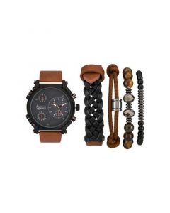 Men's Quartz Dial Brown Leather Strap Watch, 48mm and Assorted Stackable Bracelets Gift Set, Set of 5