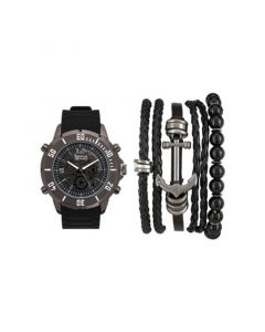 Men's Shiny Black Analog Quartz Watch And Stackable Gift Set