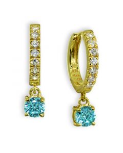 Clear & Blue Cubic Zirconia Dangle Drop Huggie Hoop Earring in 18k Gold Plated Sterling Silver