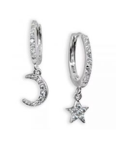 Cubic Zirconia Moon & Star Charm Drop Huggie Hoop Earring in Sterling Silver or 18k Gold Plated Sterling Silver