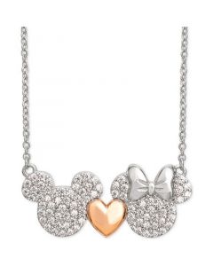 Cubic Zirconia Mickey Heart Minnie 18" Pendant Necklace in Sterling Silver & 18k Rose Gold-Plate