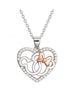 Cubic Zirconia Interlocking Mickey & Minnie Heart 18" Pendant Necklace in Sterling Silver & 18k Rose Gold-Plate