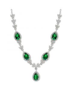 Cubic Zirconia Green Halo Fancy Statement Necklace in Sterling Silver, 16" + 2" extender