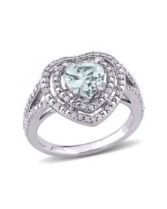 Aquamarine (1 1/2 ct. t.w.) and Diamond (1/5 ct. t.w.) Halo Heart Ring in 10k White Gold