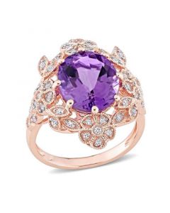 Amethyst (4 ct. t.w.) and Diamond (1/4 ct. t.w.) Floral Vintage Cocktail Ring in 14k Rose Gold