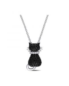 Black Spinel (2 1/3 ct. t.w.) and Created White Sapphire Accent (0.06 ct. t.w.) Kitty Cat Necklace in Sterling Silver