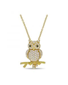 Created White and Yellow Sapphire (1 1/3 ct. t.w.) Black Spinel Accent Owl Necklace in 18k Gold Over Sterling Silver