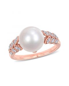 Freshwater Cultured Pearl (9.5-10mm) and Diamond (1/6 ct. t.w.) Leaf Ring in 10k Rose Gold