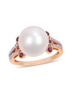 Freshwater Cultured Pearl (11-12mm), Ruby (1/5 ct. t.w.) and Diamond (1/7 ct. t.w.) Split Shank Ring in 10k Rose Gold