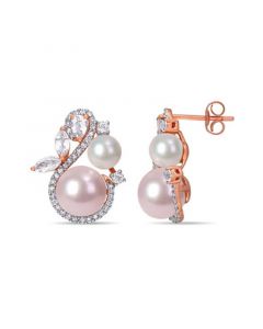 Freshwater Cultured Pearl (5.5-8.5mm), White Topaz (1 1/8 ct. t.w) and Diamond (1/3 ct. t.w.) Swan Earrings in 10k Rose Gold