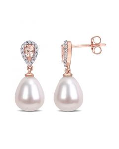 Freshwater Cultured Pearl (9-9.5mm), Morganite (1/2 ct. t.w.) and Diamond (1/7 ct. t.w.) Drop Earrings in 10k Rose Gold