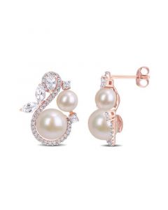 Freshwater Cultured Pearl, White Topaz (1 1/8 ct. t.w.) and Diamond (1/3 ct. t.w.) Swan Earrings in 10k Rose Gold