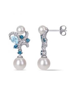 Freshwater Cultured Pearl, Blue Topaz (1 1/6 ct. t.w.) and Diamond (1/5 ct. t.w.) Diamond Vintage Earrings in 10k White Gold