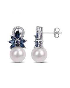 Freshwater Cultured Pearl (9-9.5mm), Sapphire (1 5/8 ct. t.w.) and Diamond (1/8 ct. t.w.) Floral Earrings in 14k White Gold