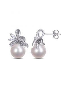 Freshwater Cultured Pearl (9.5-10mm), White Topaz (2/5 ct. t.w) and Diamond (1/6 ct. t.w.) Ribbon Earrings in 10k White Gold