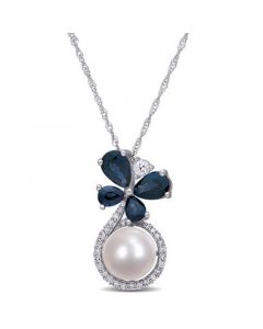 Freshwater Cultured Pearl (7.5-8mm), Sapphire (1 3/5 ct. t.w.) and Diamond (1/8 ct. t.w.) Butterfly 17" Necklace in 10k White Gold