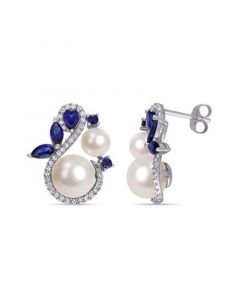 Freshwater Cultured Pearl (5.5-8.5mm), Created Sapphire (1 1/10 ct. t.w.) and Diamond (1/3 ct. t.w.) Swan Earrings in 10k White Gold