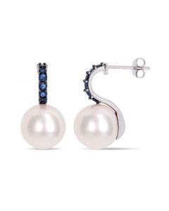 Freshwater Cultured Pearl (11-12mm) and Sapphire (5/8 ct. t.w.) Drop Earrings in 10k White Gold