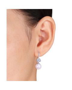 Freshwater Cultured Pearl (11-12mm), Blue Topaz (1 ct. t.w.) and Diamond (1/4 ct. t.w.) Triangle Drop Earrings in 10k White Gold